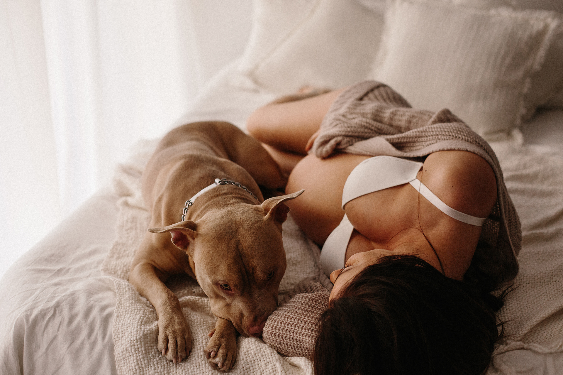 donna in gravidanza distesa accanto al cane